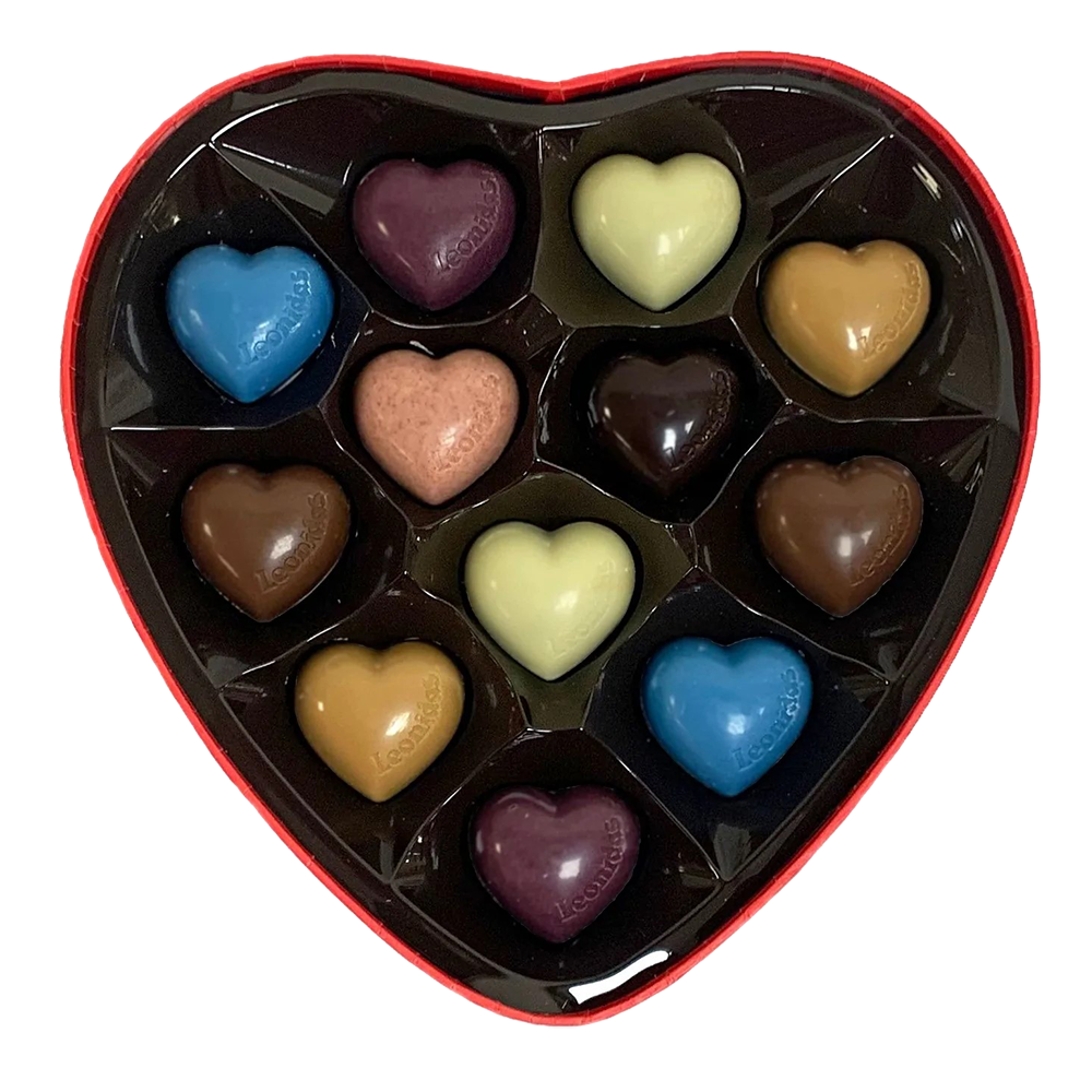 Boite en cœur 12 chocolats grande ouverte