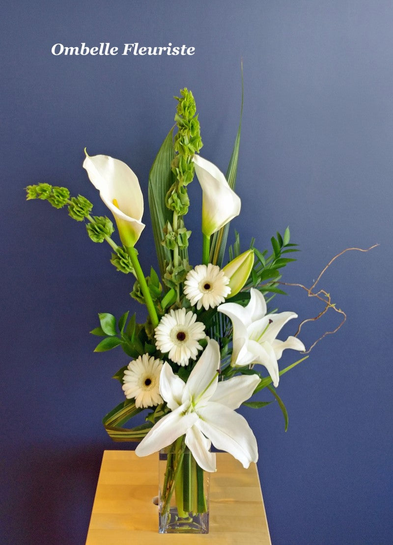 Bouquet funéraire lys callas gerberas blanc
