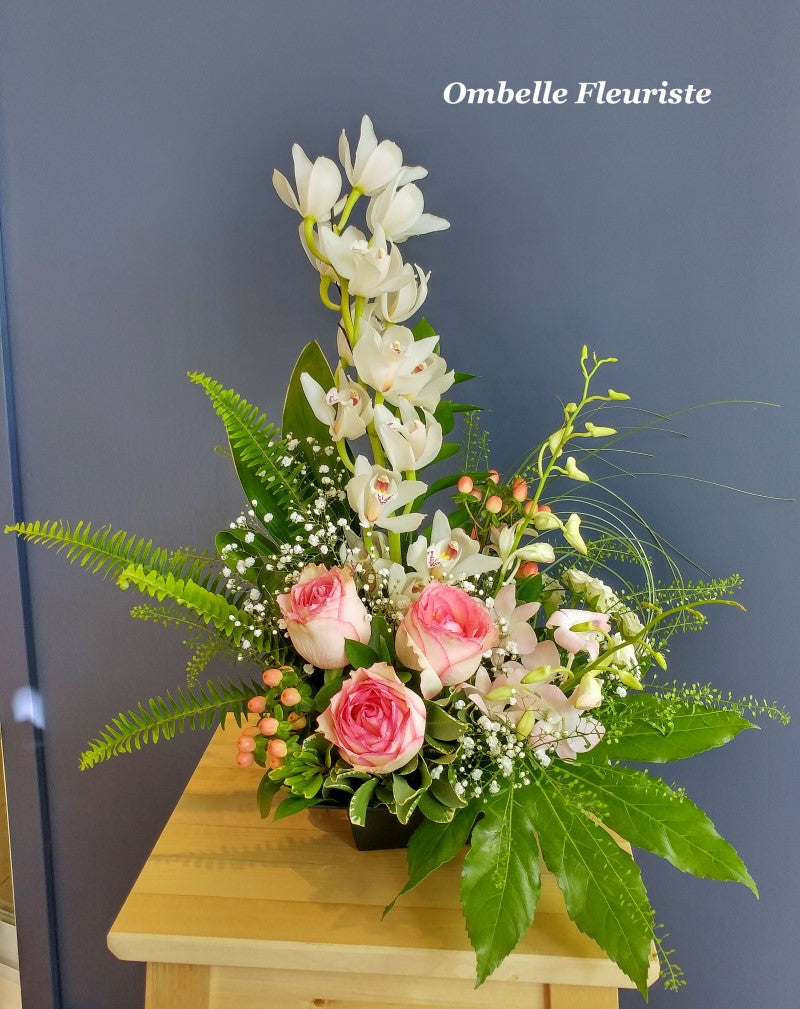 Corbeille Funéraire Orchidée blanche rose