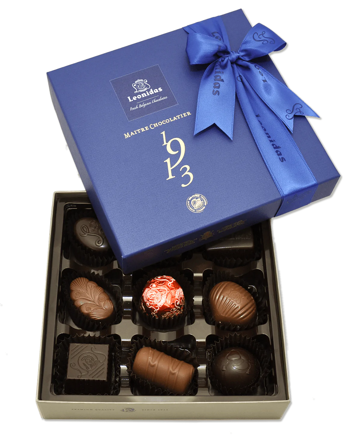 Coffret de chocolat Héritage 9 chocolats Leonidas ouverte